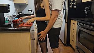 Petite step sister in black dress banged hard in kitchen