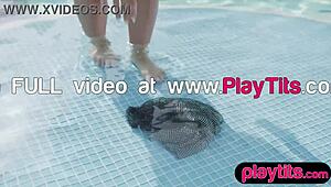 Curvy MILF with big tits strips nude in the pool, exposing her big wet ass.