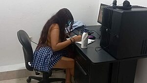 Feeling the heat while studying computer classes in scantily clad uniform, my big natural tits exposed and hot body aching for attention