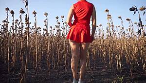 Hot MILF teases with sexy thong ass in short skirt outdoors.