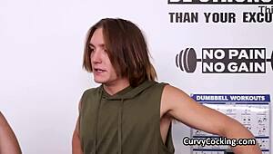 Petite hottie feels deep gagging on two dicks at gym