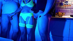 Wife Sucks 2 Cocks in Neon Light Threesome Full Scene!