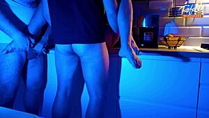 Wife Sucks 2 Cocks in Neon Light Threesome Full Scene!