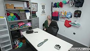 shoplifter emma, blonde with small tits, sucks big cock in office to satisfy lp