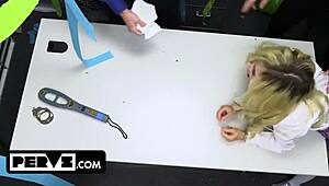 In this scene, feisty blondes face public interrogation and punishment from pervs