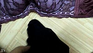 Cumshot lands on my step sister's pink leopard print bra and black lingerie