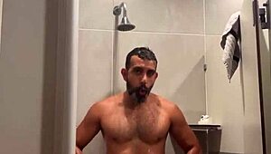 Gym shower time with red thong leads to steamy bathing fun! 🚿