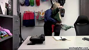 shoplifter emma, blonde with small tits, sucks big cock in office to satisfy lp