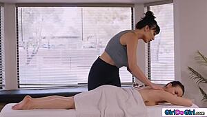 Massage Turns Into Unexpected Lesbian Pussy Licking With Latina Brunette.