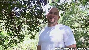 Latina babe feels intense pleasure as beefy muscular dudes hammer her with big cocks outdoors in missionary and bent over positions.