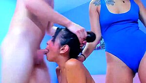 three devils tease and suck big cocks leaving them sloppy wet.