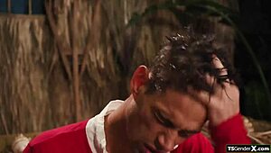 lucky guy licks ass and fucks two hot shemales bareback 😏 interracial face sitting fun