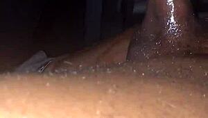 Jerking off big black cock in car under moonlight