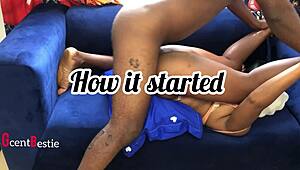 Hot sex with big black cock on blue couch, moaning quickie