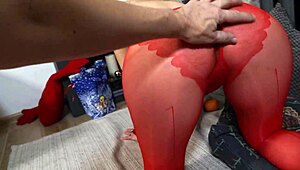 laura gets horny in christmas pantyhose giving blowjob as present. wet pov cock sucking blonde legs ass nylon