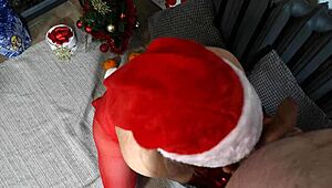 laura gets horny in christmas pantyhose giving blowjob as present. wet pov cock sucking blonde legs ass nylon