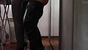 the milf in sexy lingerie and pantyhose irons while getting her ass touched and fucked hard