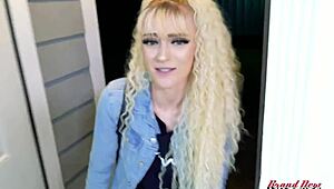 petite blonde hottie finger fucks her shaved pussy and sucks hard cock 😏