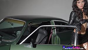 Skinny tall milf Scarlett Kapella strips naked on hood