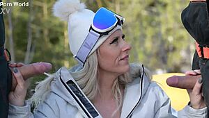 Sexy snowboarder Brittany Bardot lures lumberjacks for a raw DP threesome in GP2970.
