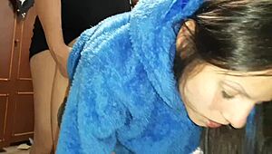 Wow! I caught my neighbors in a hot lesbian threesome and joined their strapon fun!