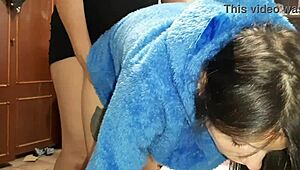 Wow! I caught my neighbors in a hot lesbian threesome and joined their strapon fun!