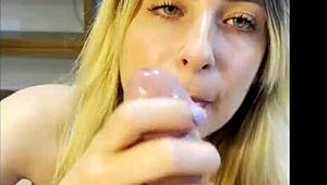 Petite blonde gives intense blowjob to stepfather in POV.