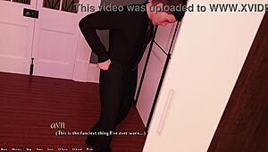 short haired brunette with small tits sucking big white cock as busty blonde watches and touches herself