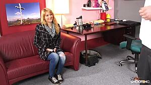 Shy redhead teen 18+ lets fake agent finish on tits