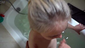 Step Daughter Caught in Bath Sucking Big Cock for POV Cum Blast. Blonde Babe Loves Handjob Action