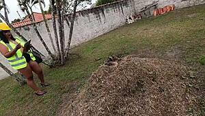 She imagines bricklayers fucking her hairy pussy outdoors!