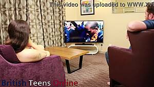 british 19 year old teases older boyfriend with oily handjob on couch