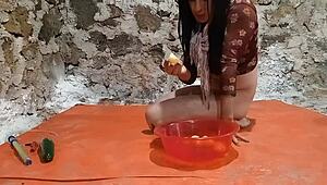 Ts Pee Play in Ass with Fruit on Toilet