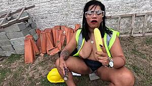 She imagines bricklayers fucking her hairy pussy outdoors!