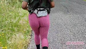 Ebony Pornstar With Big Ass In Leggings Runs Alone In The Forest, Feeling Free