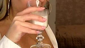 Milf with huge natural tits pours milk, want to lick it off? 😋