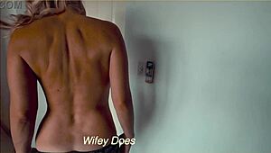 Blonde milf wife slowly strips out of tight denim shorts for homemade tease. Her big tits steal the show!