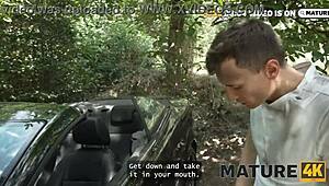 Mature Brunette in Heels Seduces Young 18+ Guy for Public Woods Action