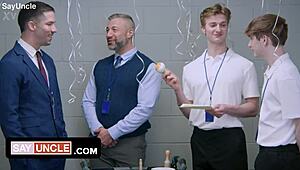 Two twinks get cum bath in gay Severance parody