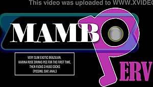 Very slim Brazilian Karina Rose tries pee drinking before banging 3 huge cocks.