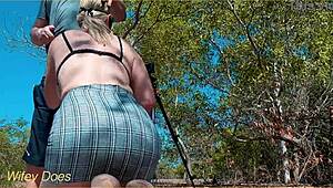 wife gettin’ cum all over her tits doin’ amazin’ blowjob outside