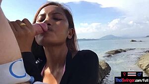 Asian teen girlfriend gives public blowjob to big dick european boyfriend