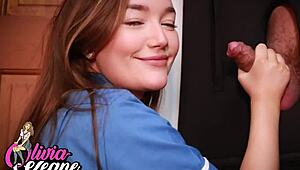 In the clinic, the teen nurse provides gloryhole therapy, leading to orgasm and swallow.