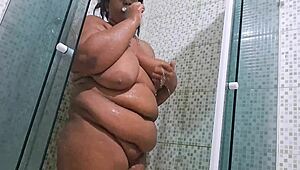 Neighbor's shower leads to huge squirt in lingerie