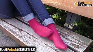 Brunette Babe Removes Socks And Goes Barefoot In Park