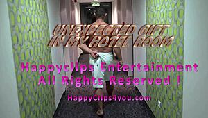 Unexpected hotel room gift with pussy fucking and cum