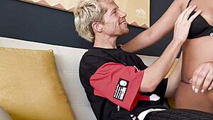 Pretty amateur latina with natural tits and big ass gets fingered, licked, bent over for blowjob, and rides cowgirl.