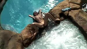 Blonde teen Little Summer fingers small tits at pool with amateur lesbian partner