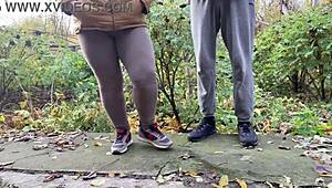 Depraved curvy milf squats in leggings to piss outdoors!