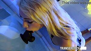 Trans blonde Sasha de Sade licks dildos while jerking